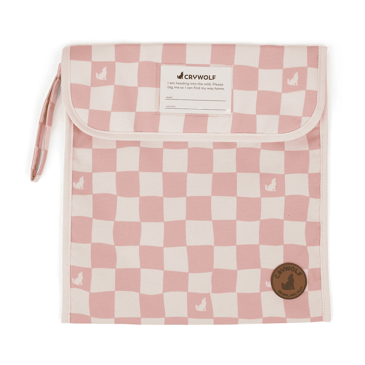 A pink and white checked book bag for kids books on a plain white background.