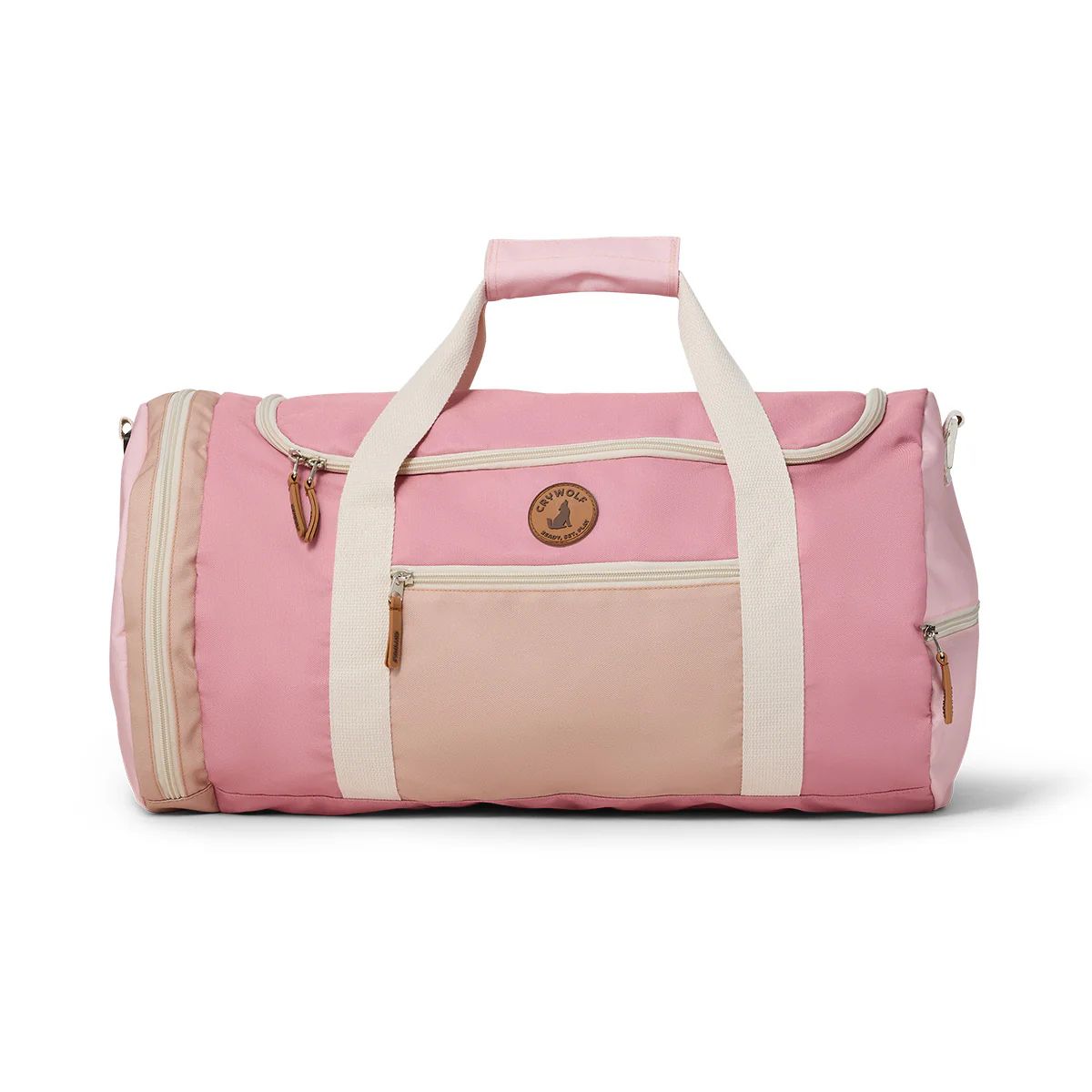 Pink duffel bag with beige accents on a white background
