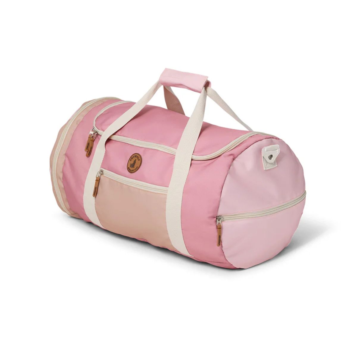 Pink duffel bag with beige accents on a white background