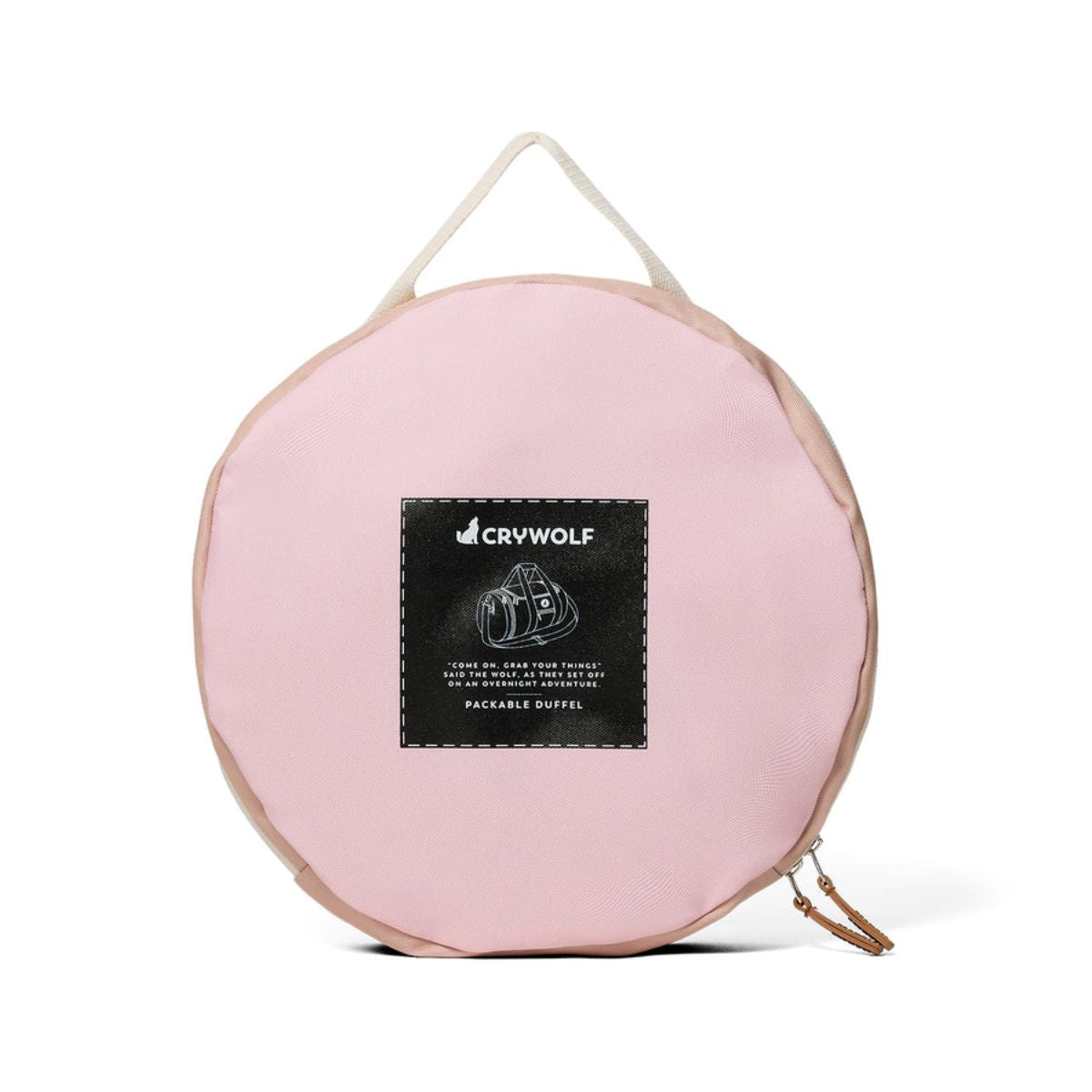 Pink duffel bag with beige accents on a white background - shows how it can be folded up compact for storage