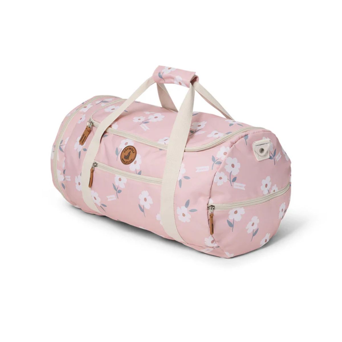 Pink floral duffel bag on a white background