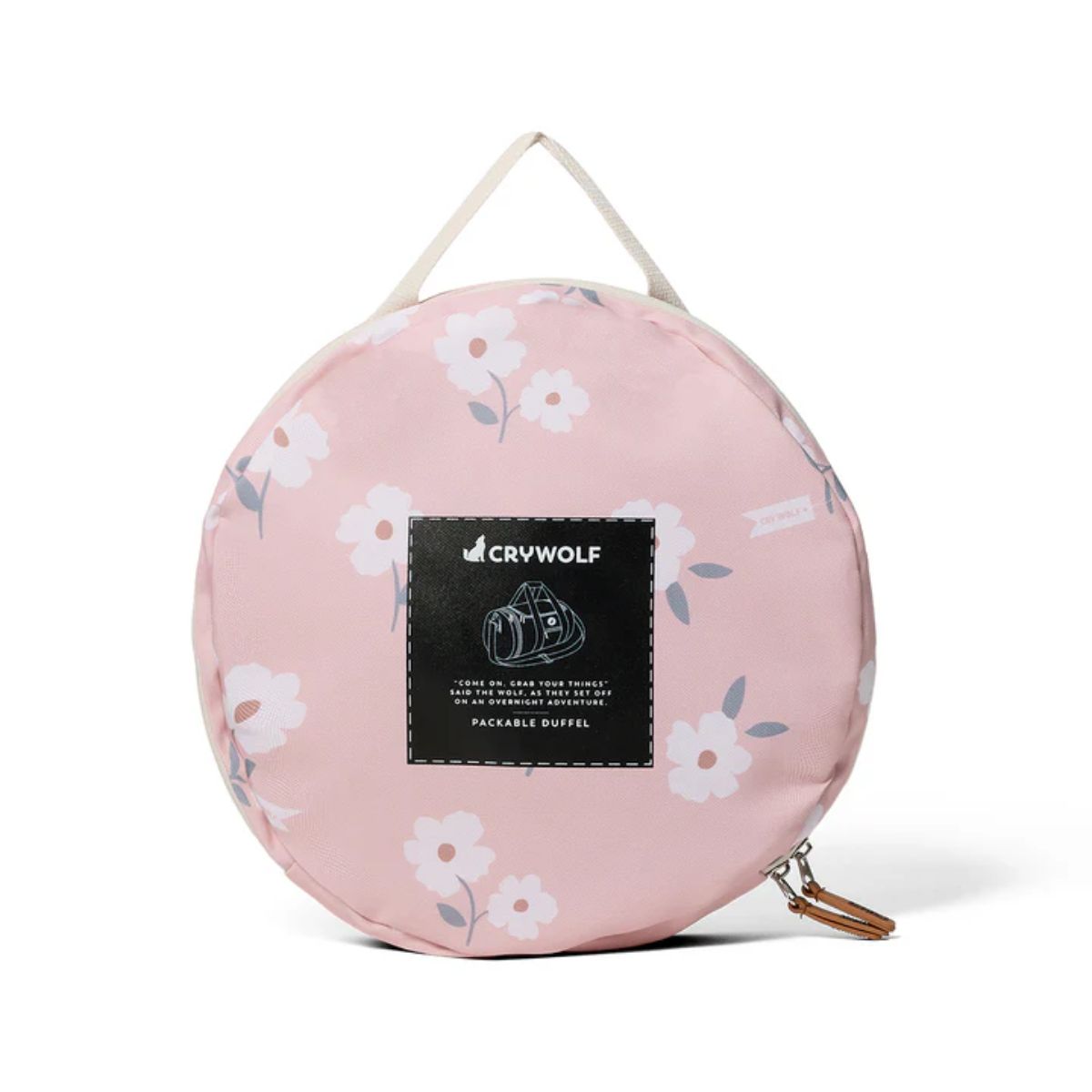 Pink duffel bag with beige accents on a white background - shows how it can be folded up compact for storage