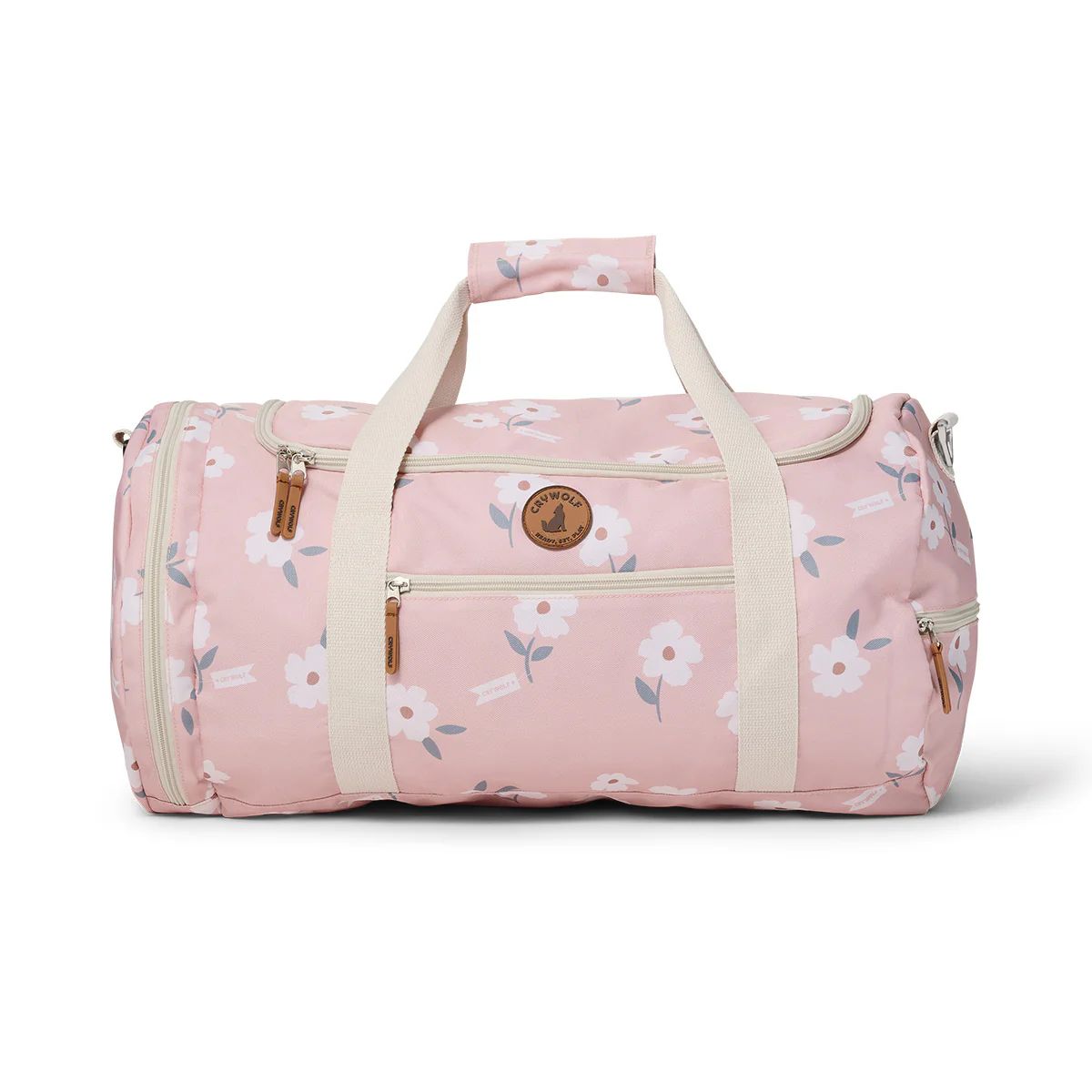 Pink duffel bag withwhite flowers  beige accents on a white background