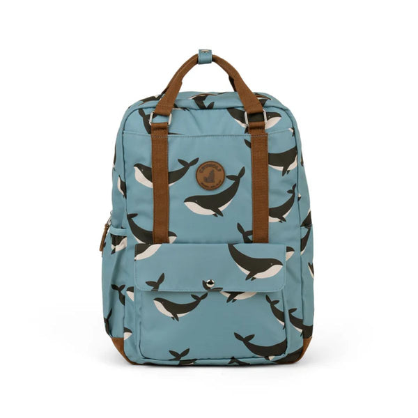 Blue backpack with whale pattern on a white background