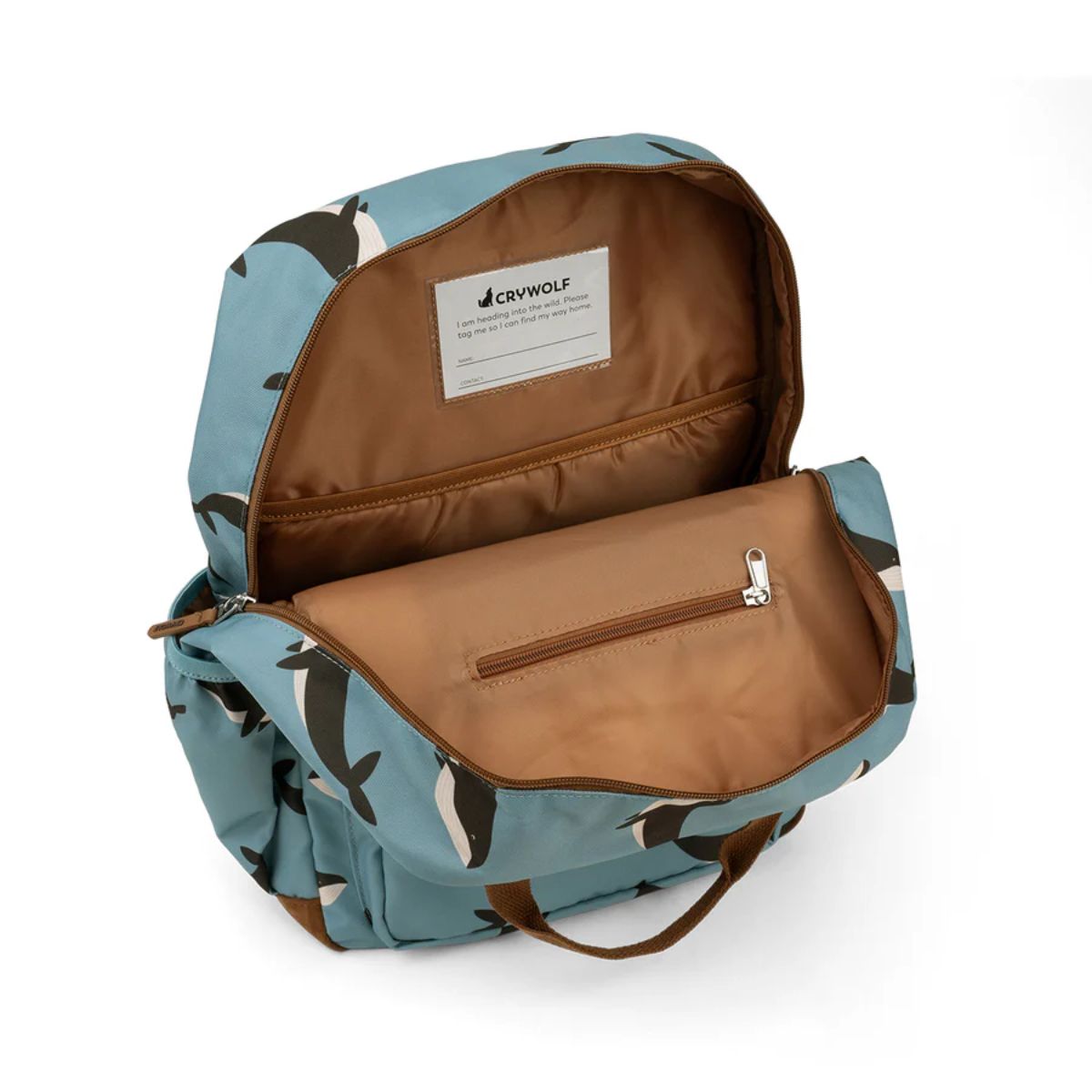 Open blue backpack with brown interior and visible brand label on a white background