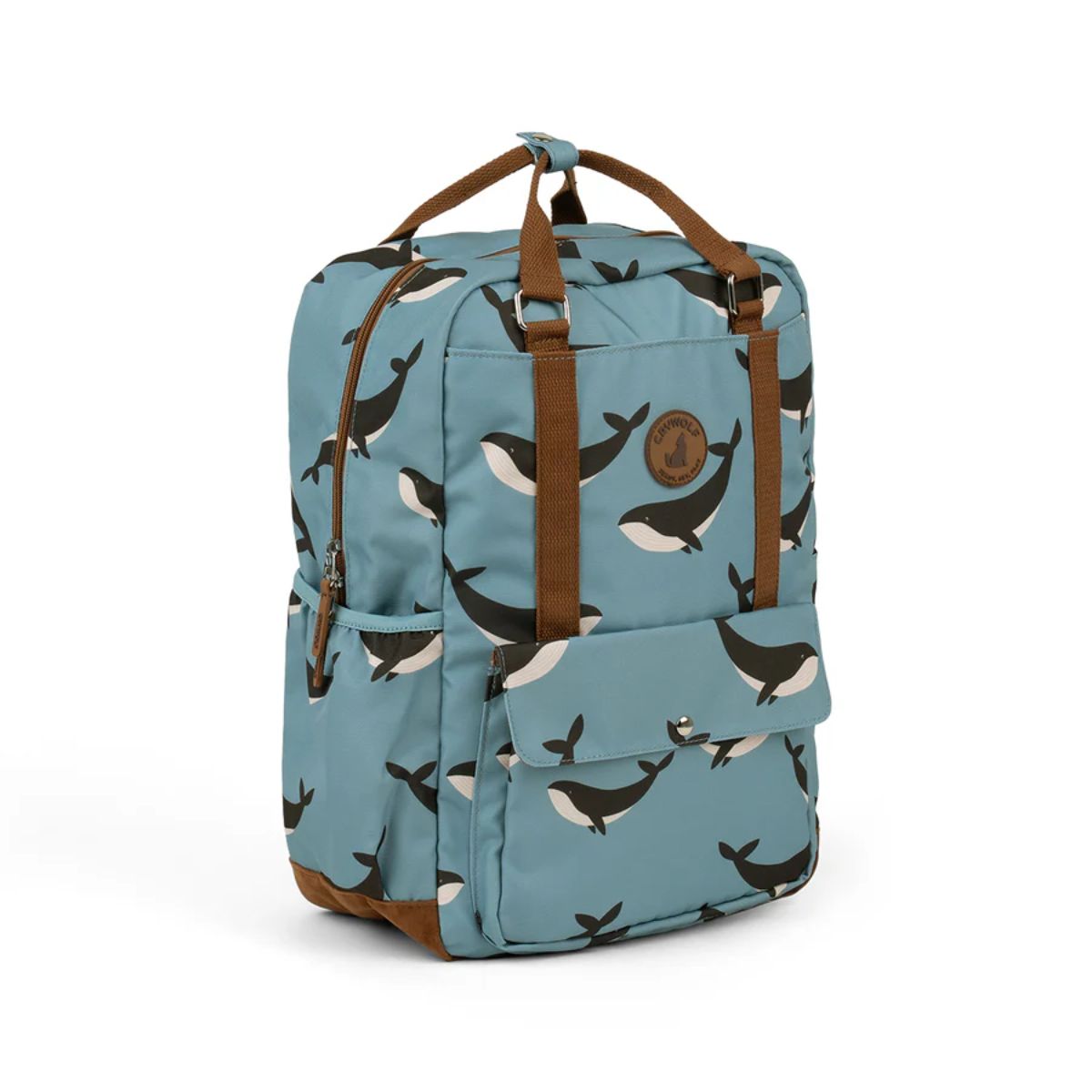 Blue backpack with whale pattern on a white background