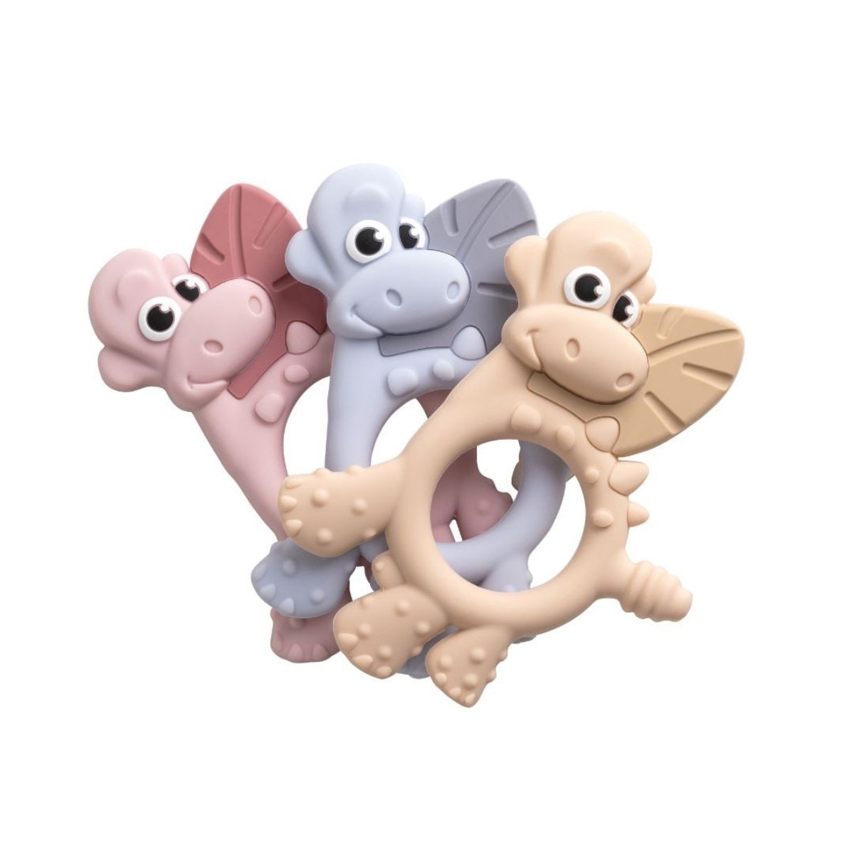 3 dotty the dino teethers in the colours fawn, mist and blush.