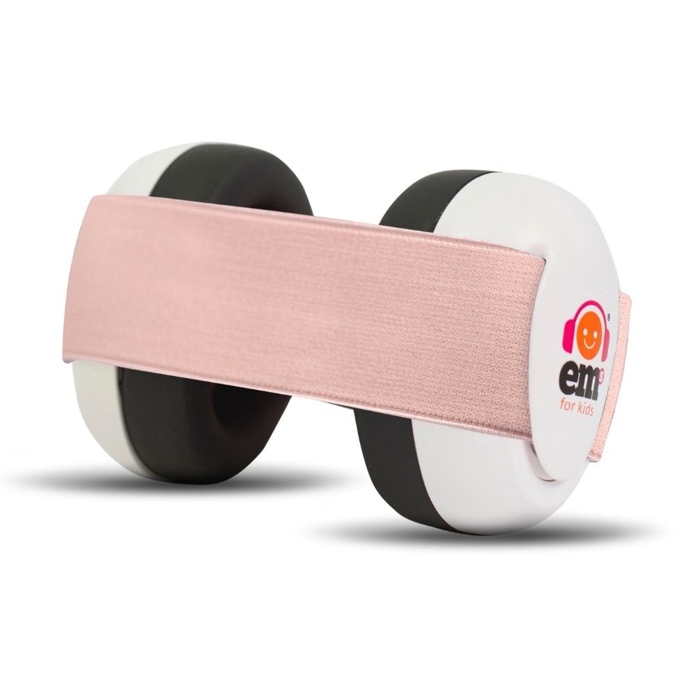 White earmuffs designed to be worn by babies with a stretchy pink band.