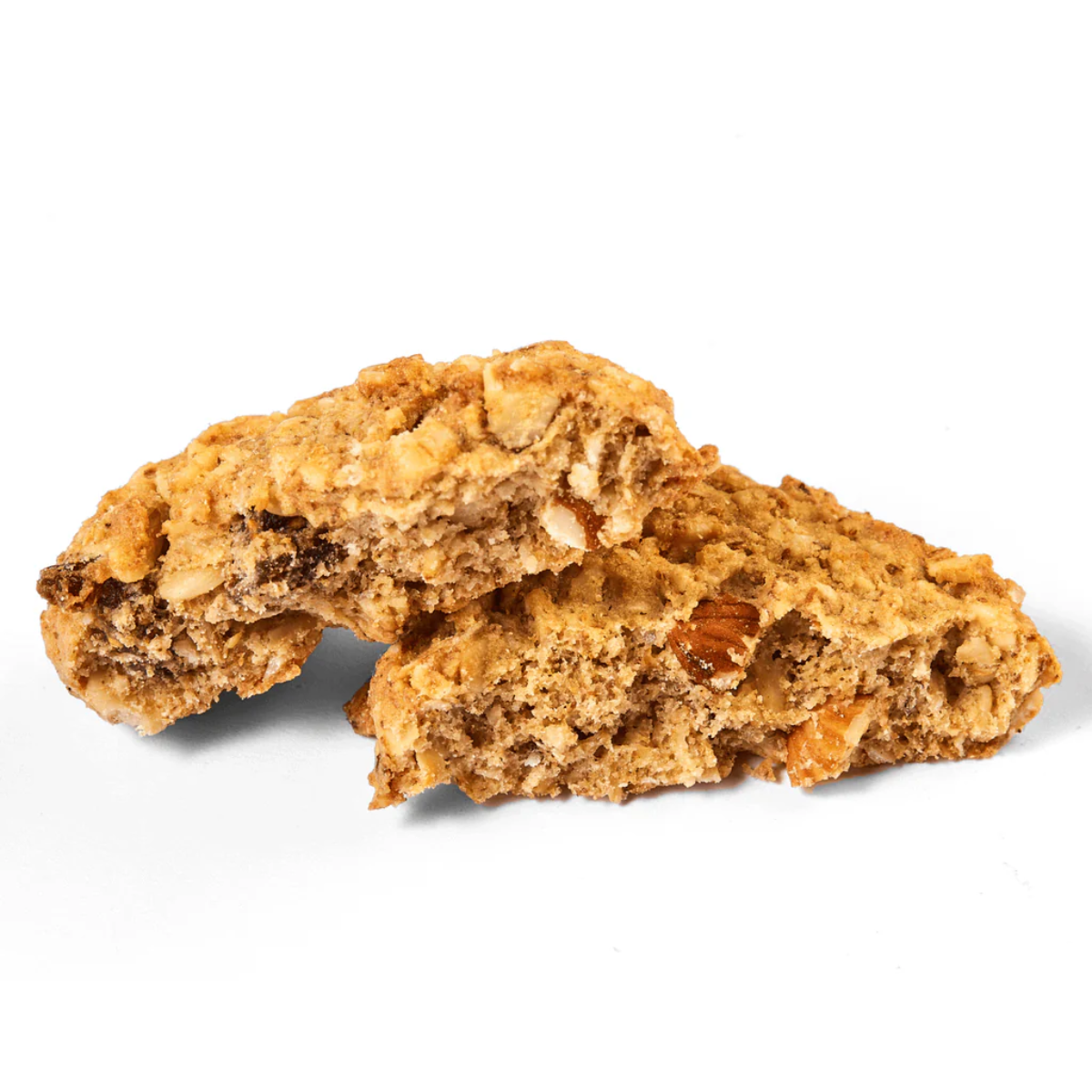 Two oatmeal cookies on a white background