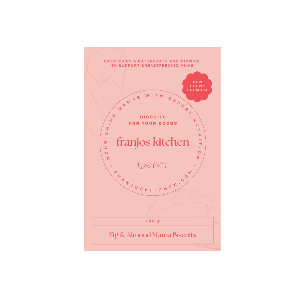 Pink packaging of franjos kitchen biscuits on a white background