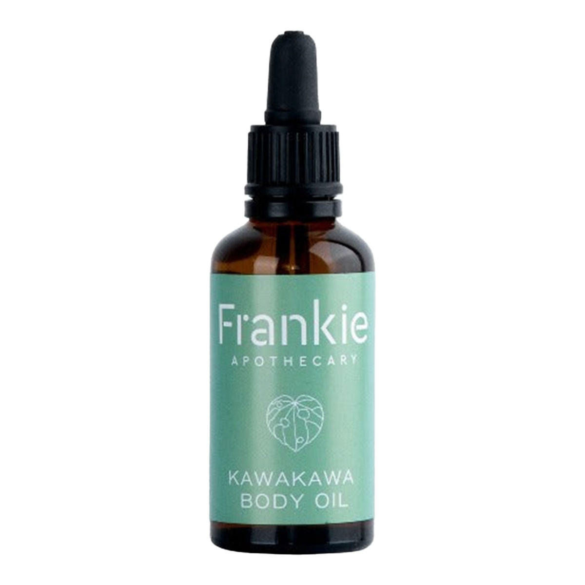 Bottle of Frankie Apothecary Kawakawa Body Oil on a white background