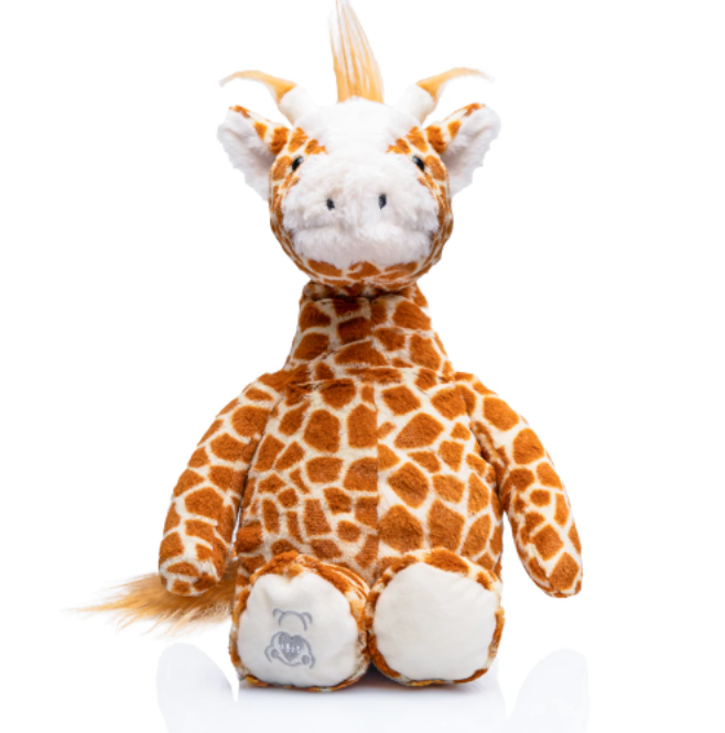 Plush giraffe toy. Has heart that records a short message or your babies heartbeat while in utero.