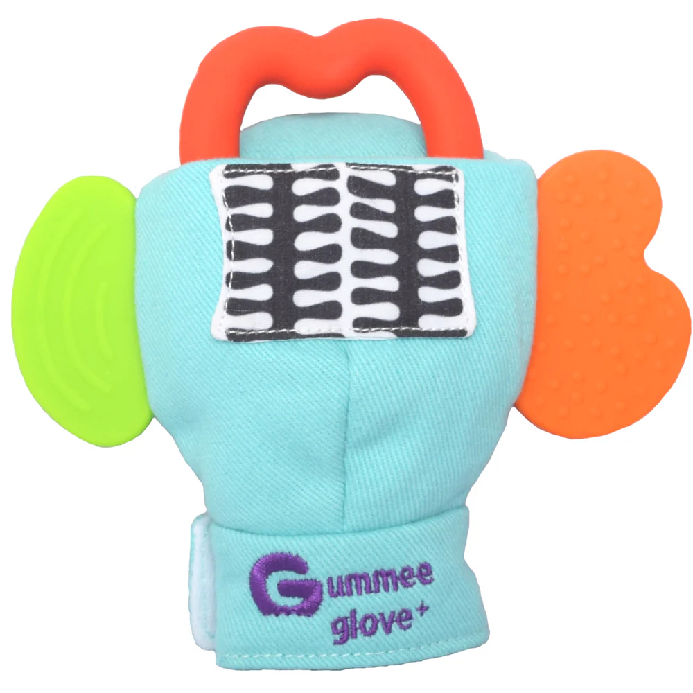 gummee glove teething mitt for babies 6months + to help with teething.