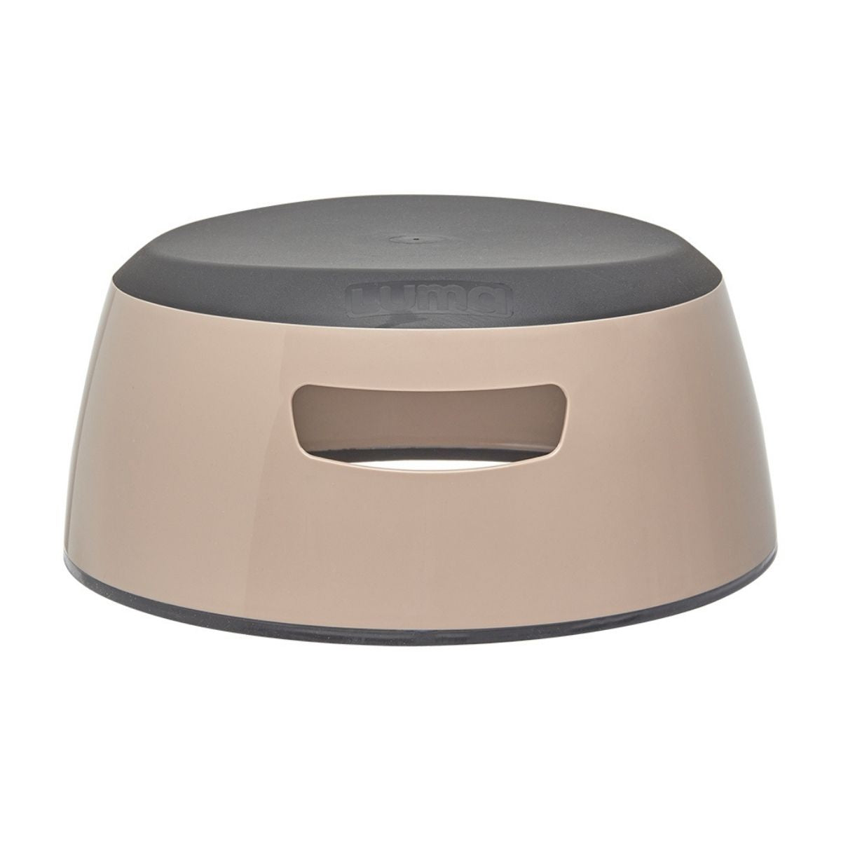 Step stool with a grey top and beige bottom on a white background.