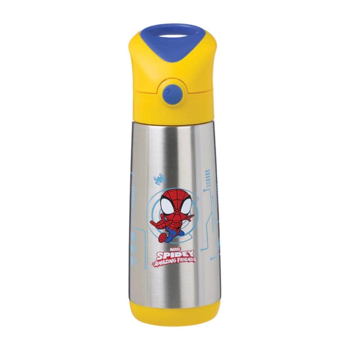 An Insulated Drinkbottle by B.Box with Marvel Spiderman on it.