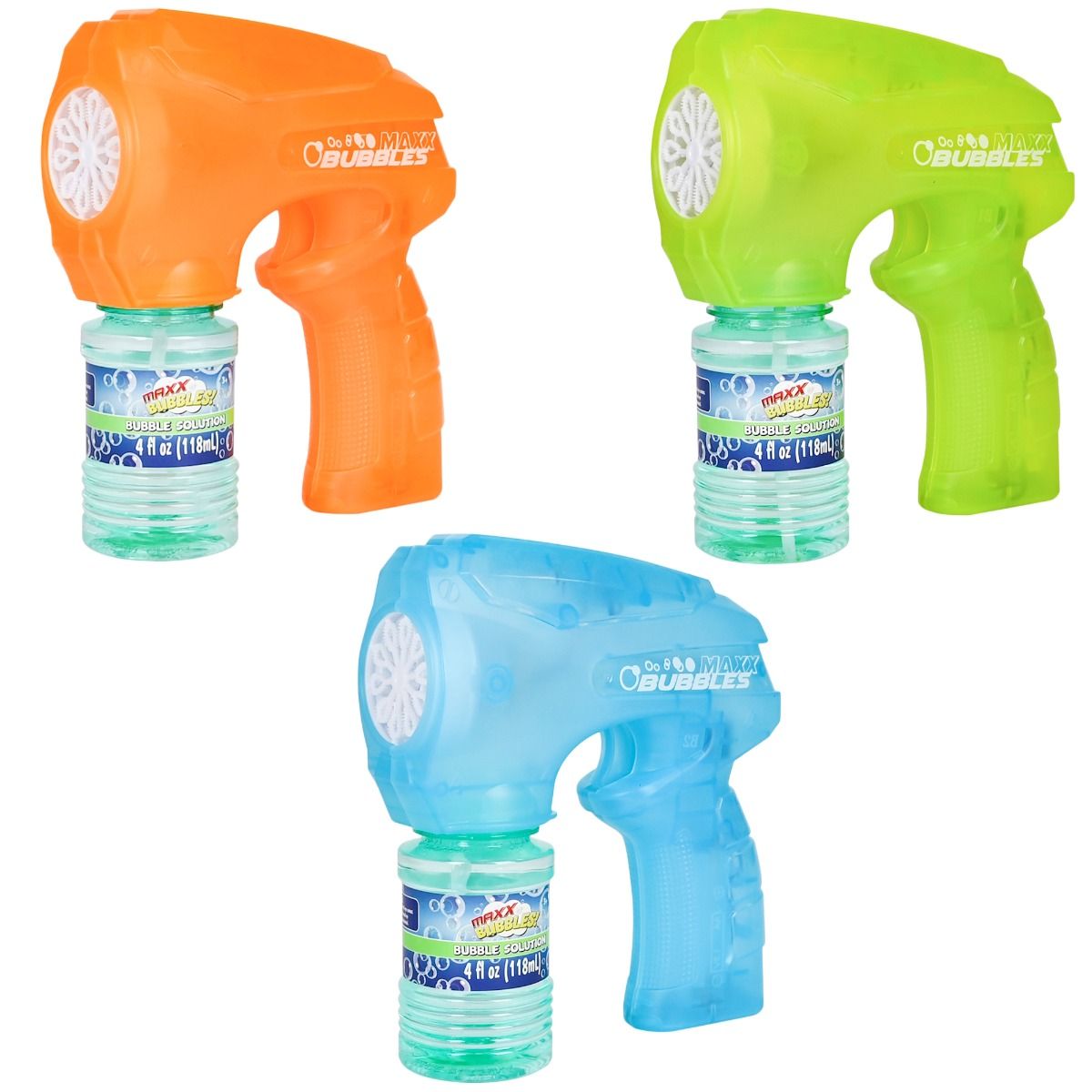 Three Maxx bubble guns in orange, green, and blue on a white background