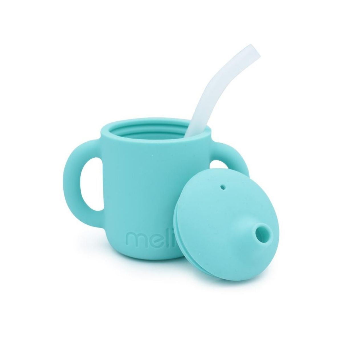 A blue 3-in-1 training cup for kids to drink hot or cold drinks with the straw or as an open cup,