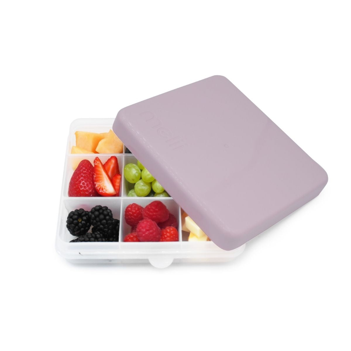 A light pink purple container  for kids snacks to eat whilst on the go or travelling.