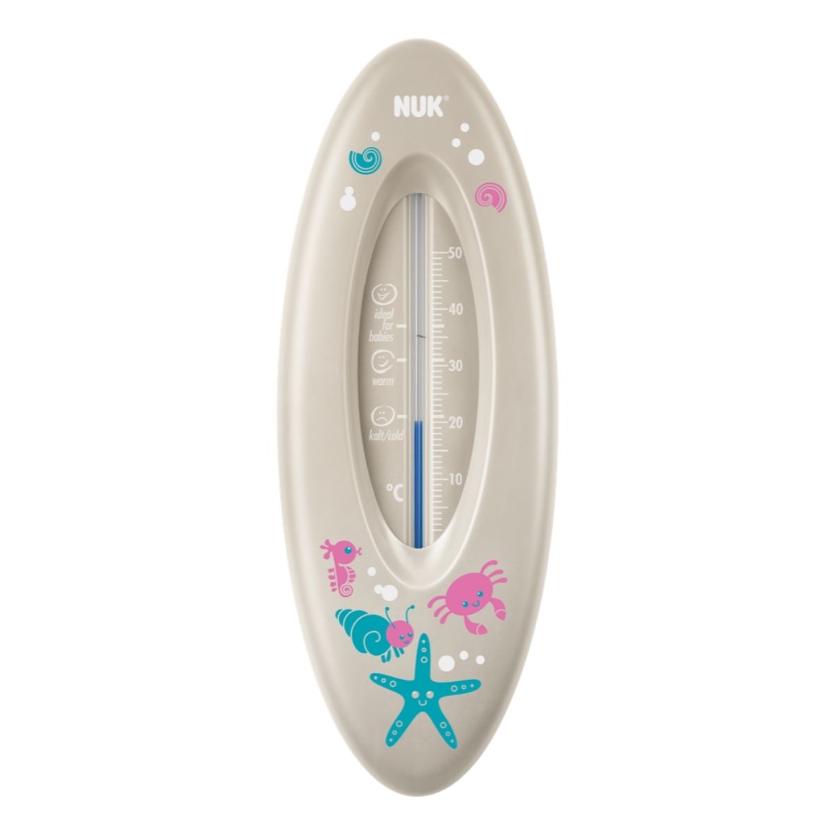 A grey bath thermometer for babies and kids to measure the water before getting in.