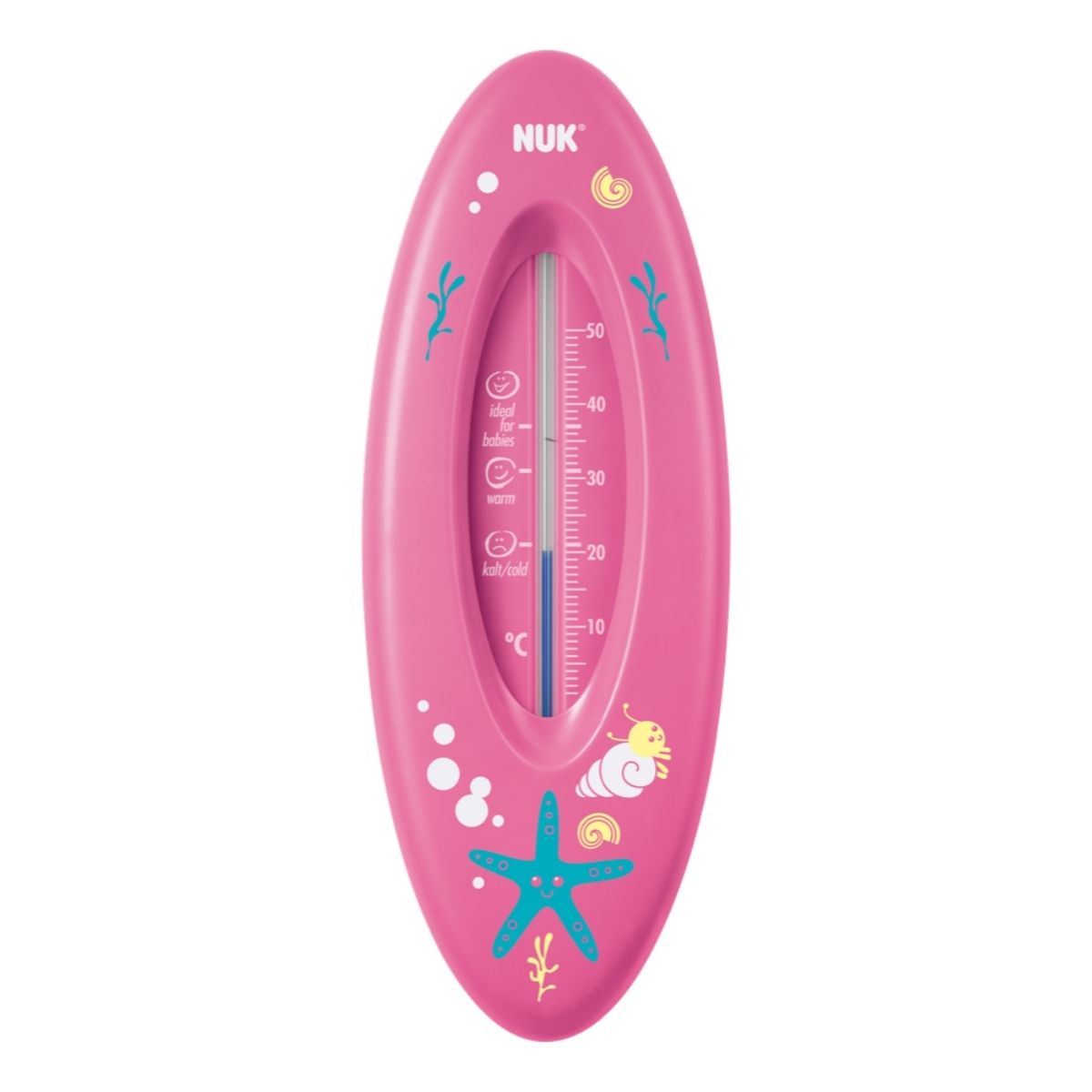A pink bath thermometer for babies and kids to measure the water before getting in.