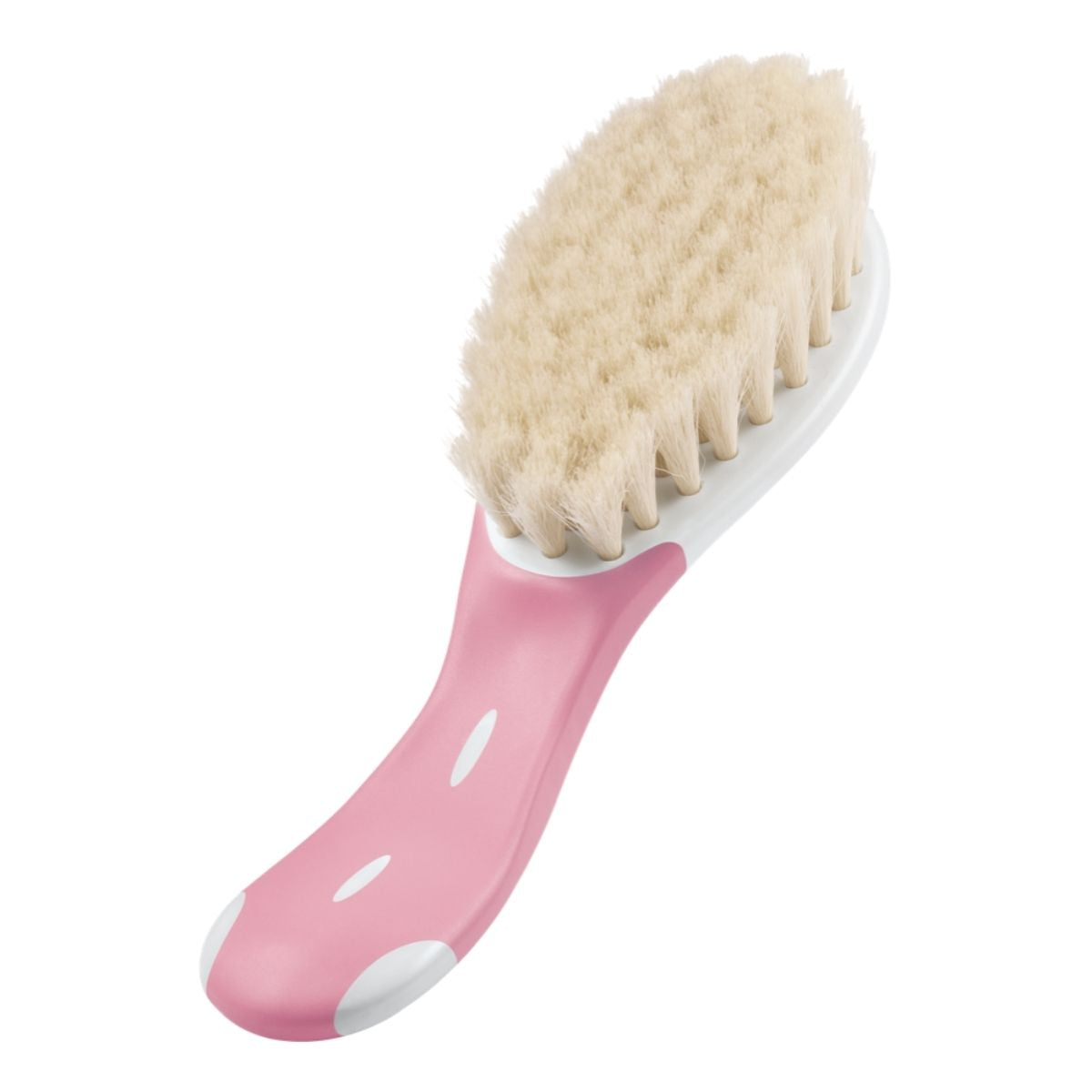 An extra soft baby brush with a pink handle used for babies bath time.