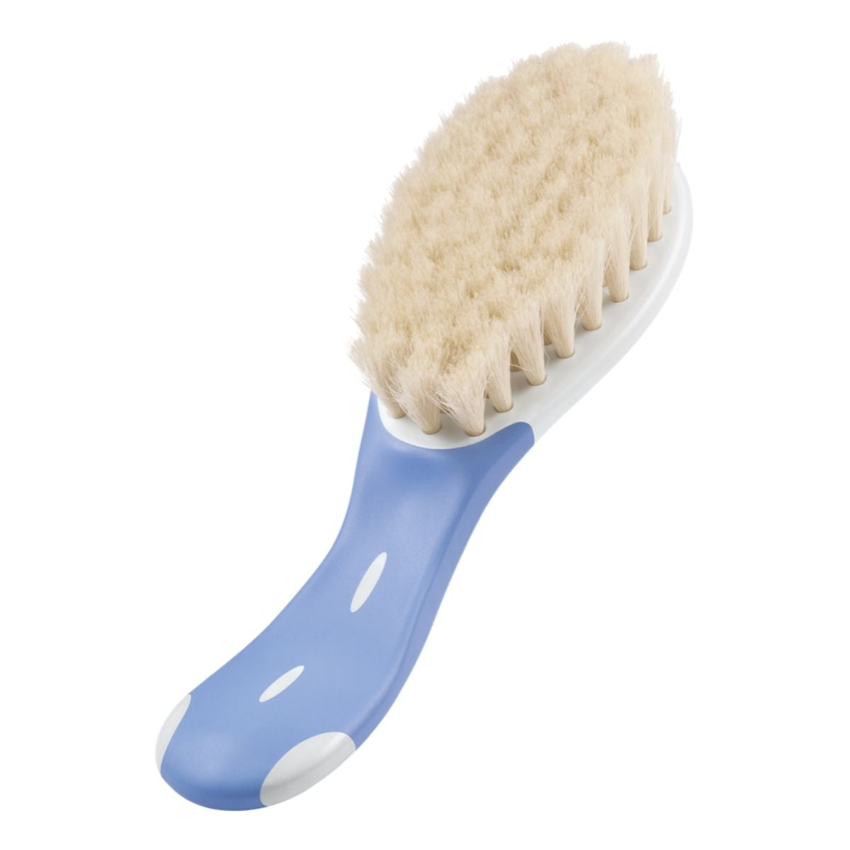 An extra soft baby brush with a purple handle used for babies bath time.