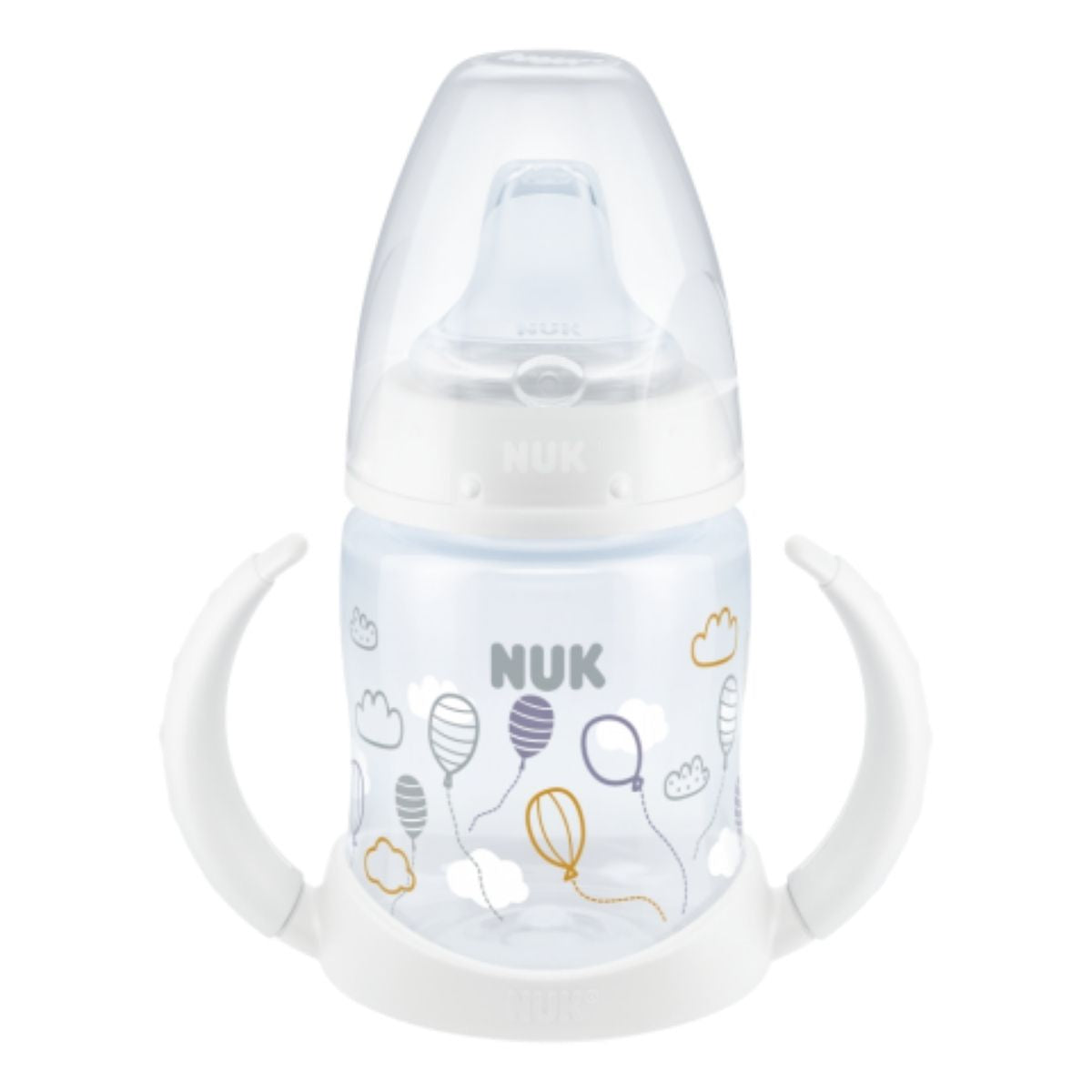 A learner cup for ages 6-18 months in a white boat design.