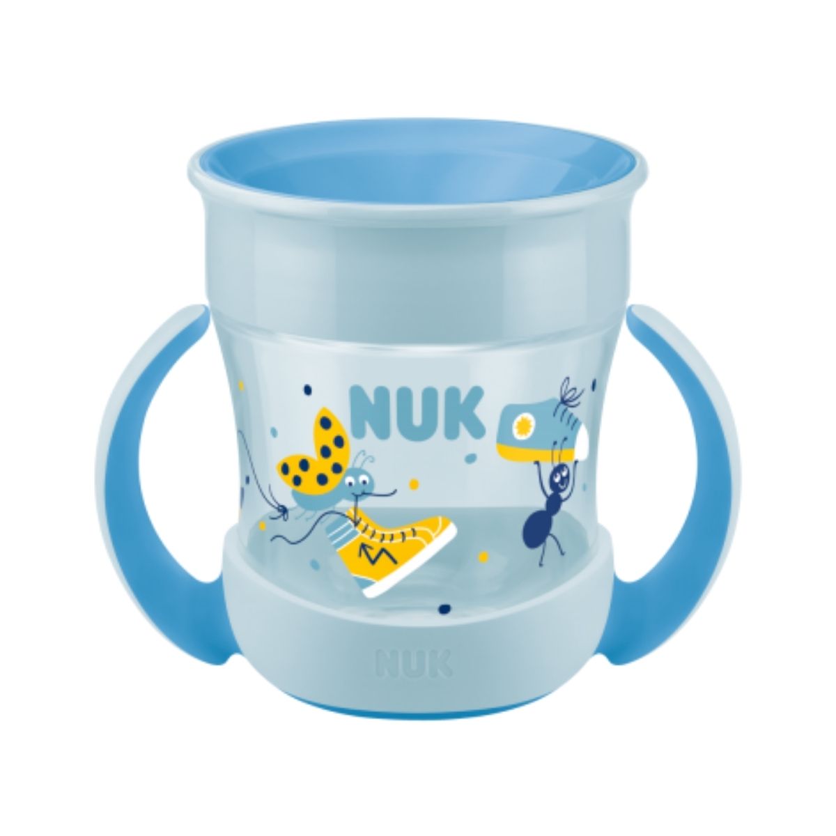 This blue NUK Mini Magic Cup has a spill-proof 360° drinking rim, ergonomic handles, and a 160ml capacity, making it perfect for children 6+ months. 