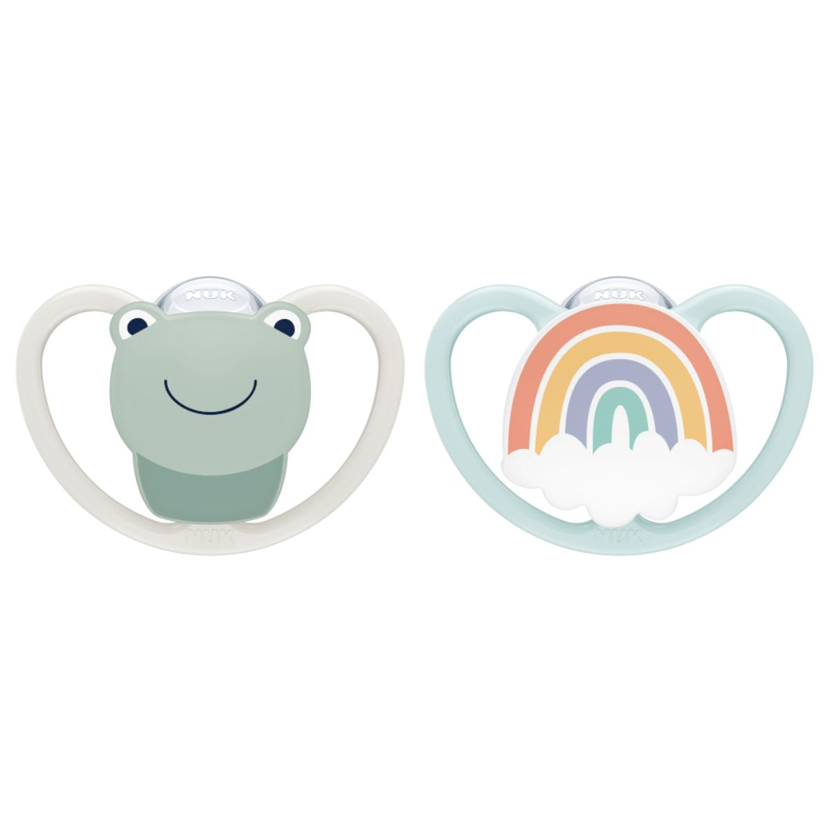 Frog and rainbow nuk space soother made for babies ages 0-6months with sensitive skin. 