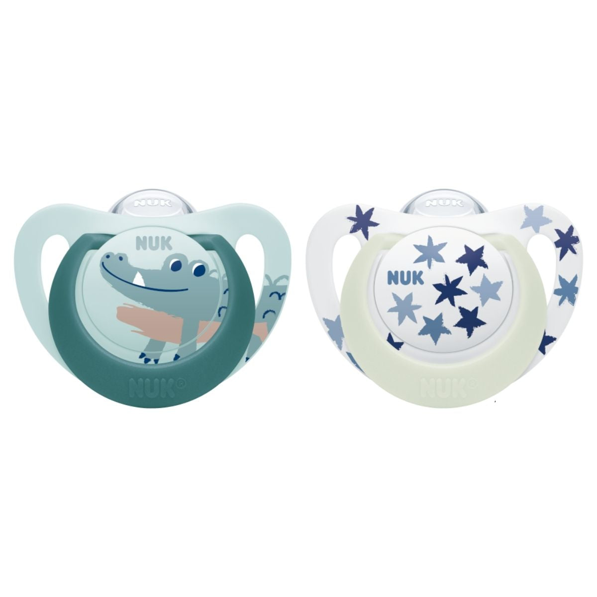 The blue 6-18month NUK Star Day & Night Soothers come with a glow-in-the-dark effect, they are orthodontist-approved and breastfeeding-friendly. 