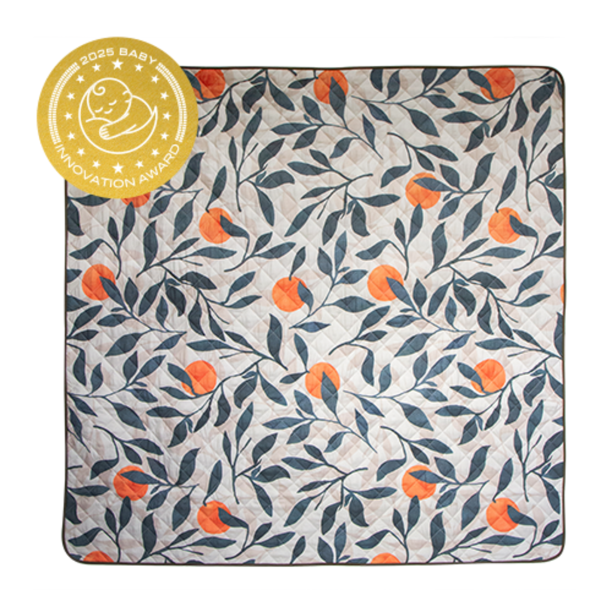 Floral patterned blanket with orange flowers and a baby innovation award badge on the top left corner.