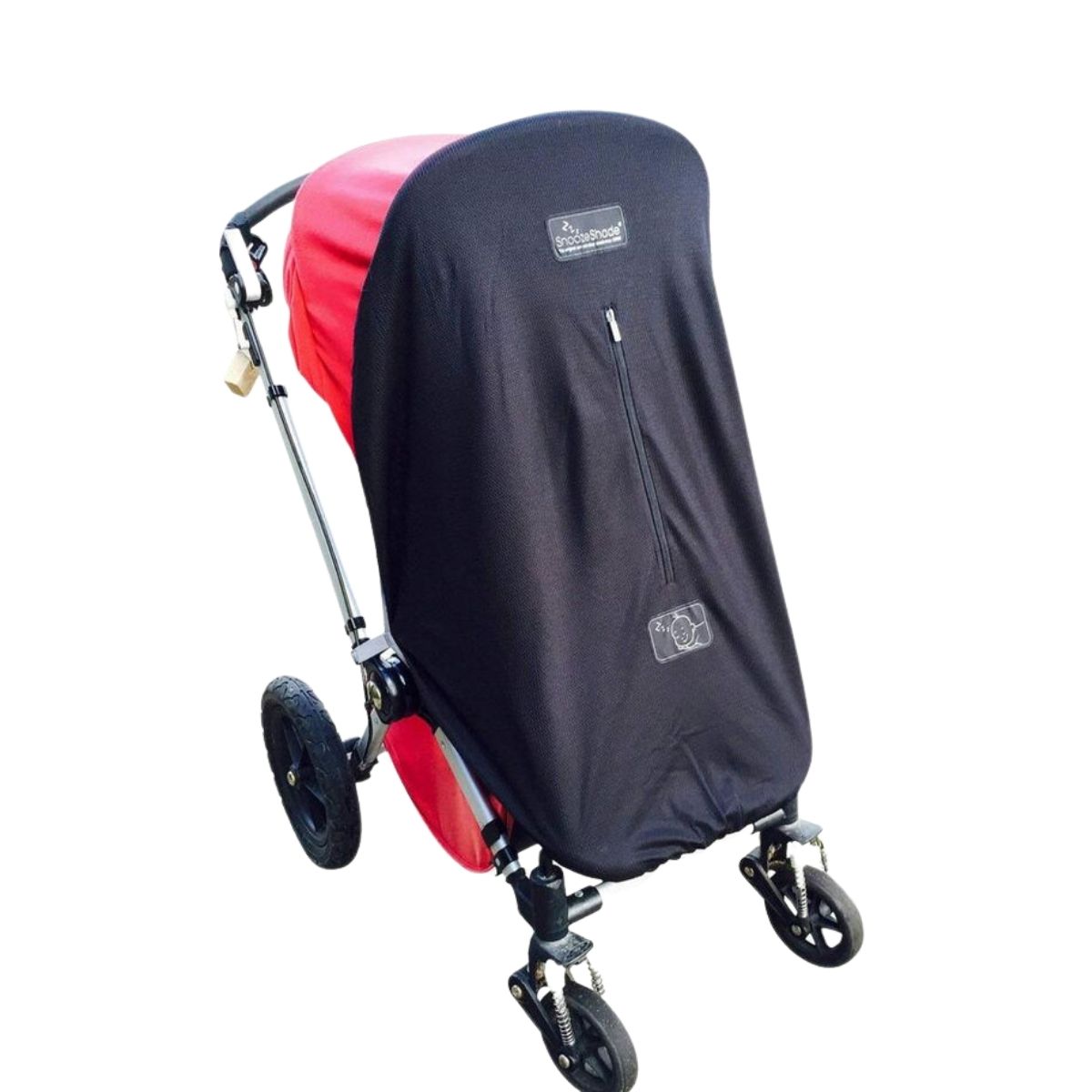 SnoozeShade Original sun and sleep shade with steel grey trim fitted to a pushchair, providing UPF 50+ sun protection and a dark, breathable sleep space for baby.