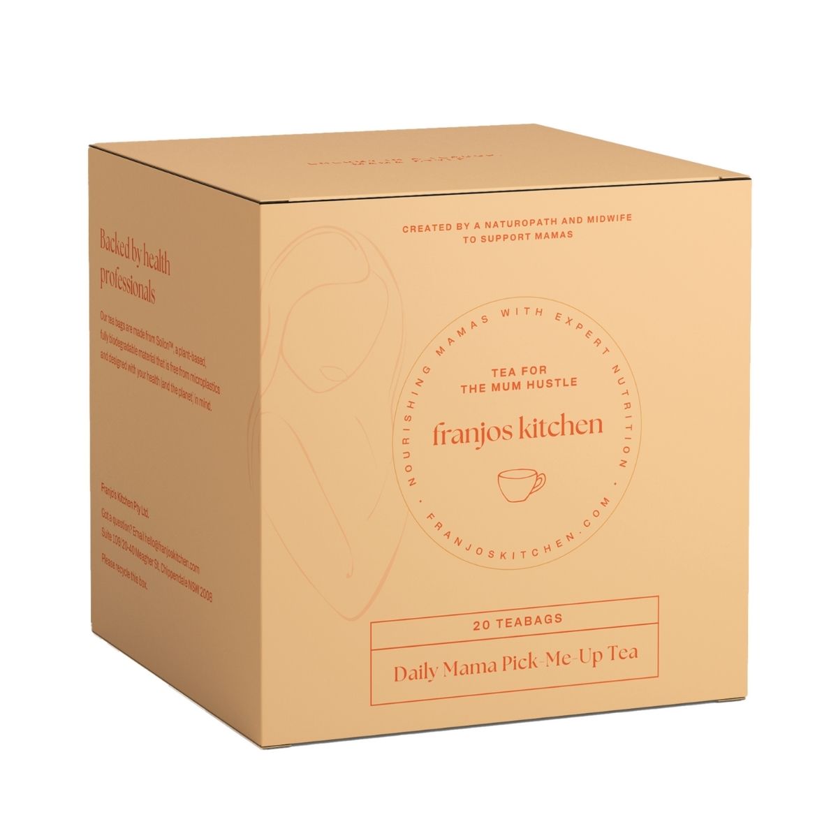 Box of Franjos Kitchen tea for the mum hustle on a white background