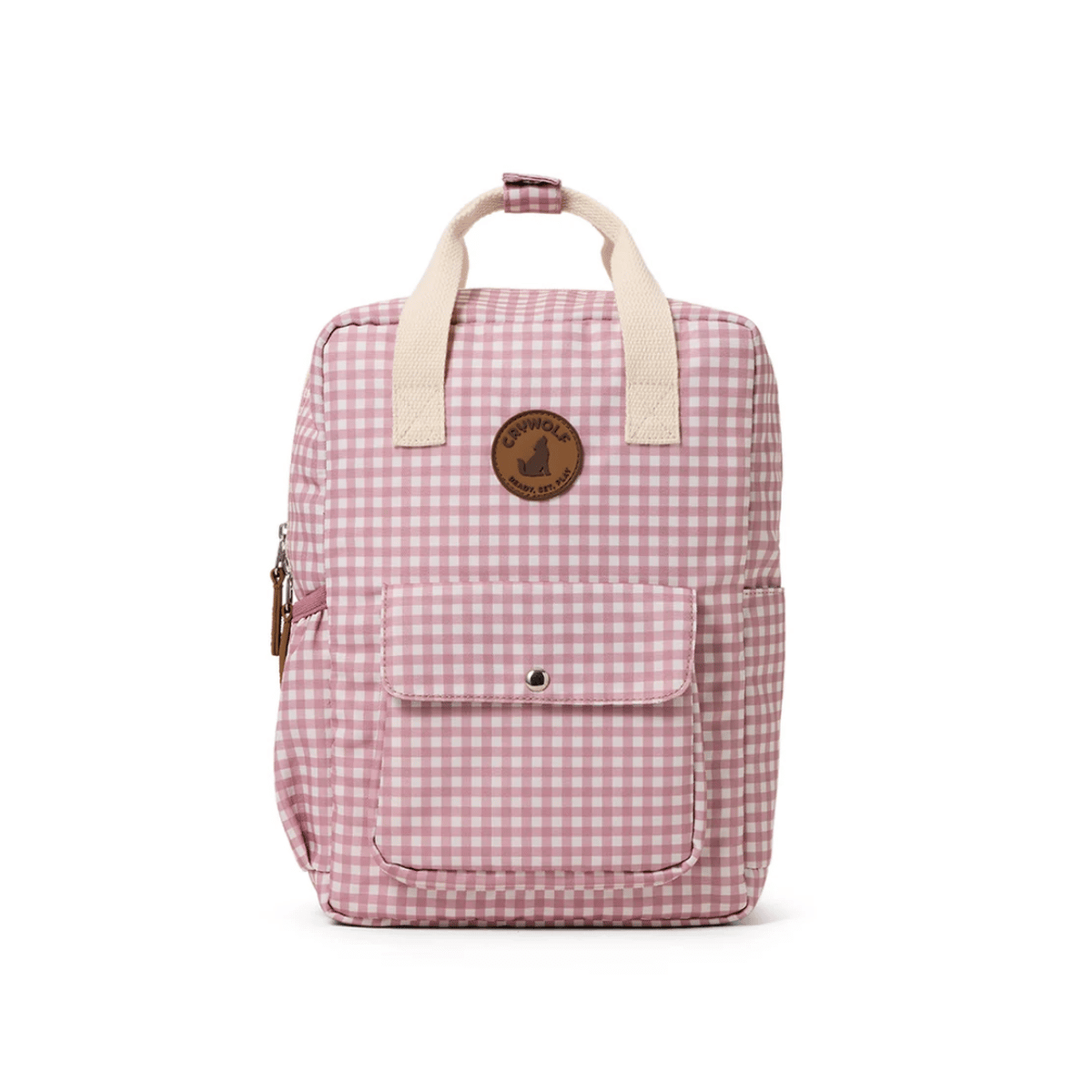 A pink and white gingham backpack with cream-colored top handles and a brown circular logo patch on the front, shown against a plain white background.