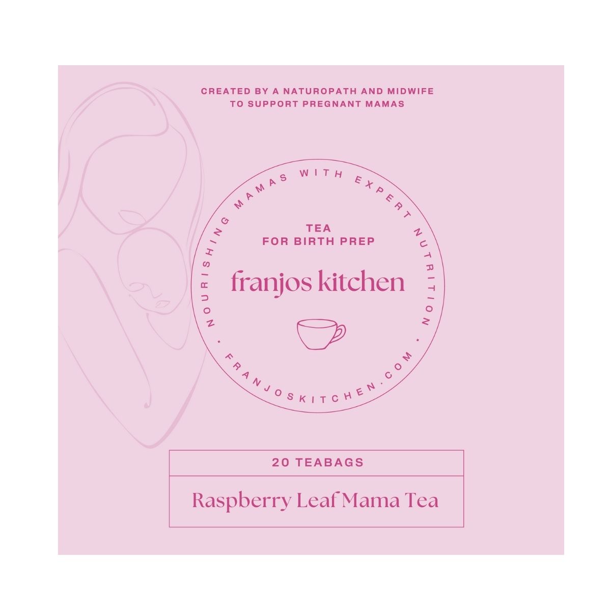 Pink packaging of Franjos Kitchen Raspberry Leaf Mama Tea with branding and product details.