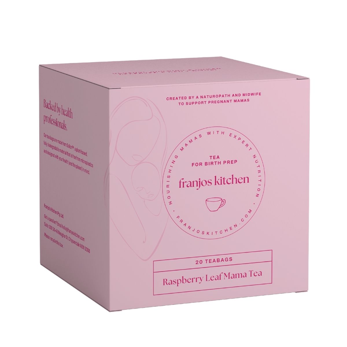 Pink box of franjos kitchen Raspberry Leaf Mama Tea on a white background
