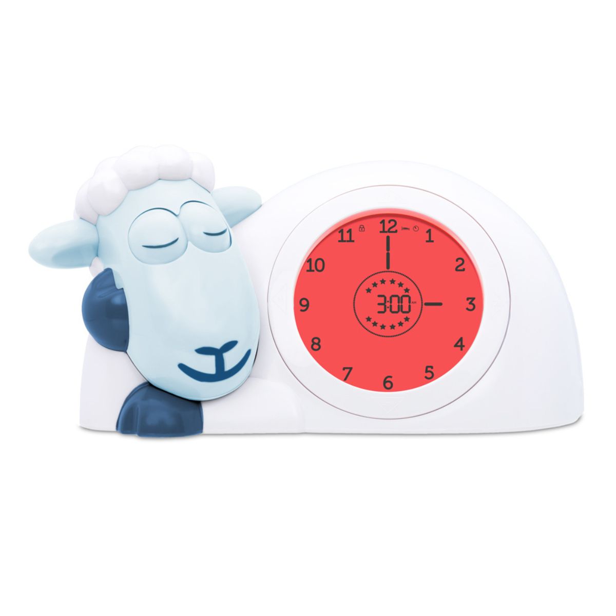 A blue sheep style sleep trainer to help kids stay in their bed until they are allowed to wake up.