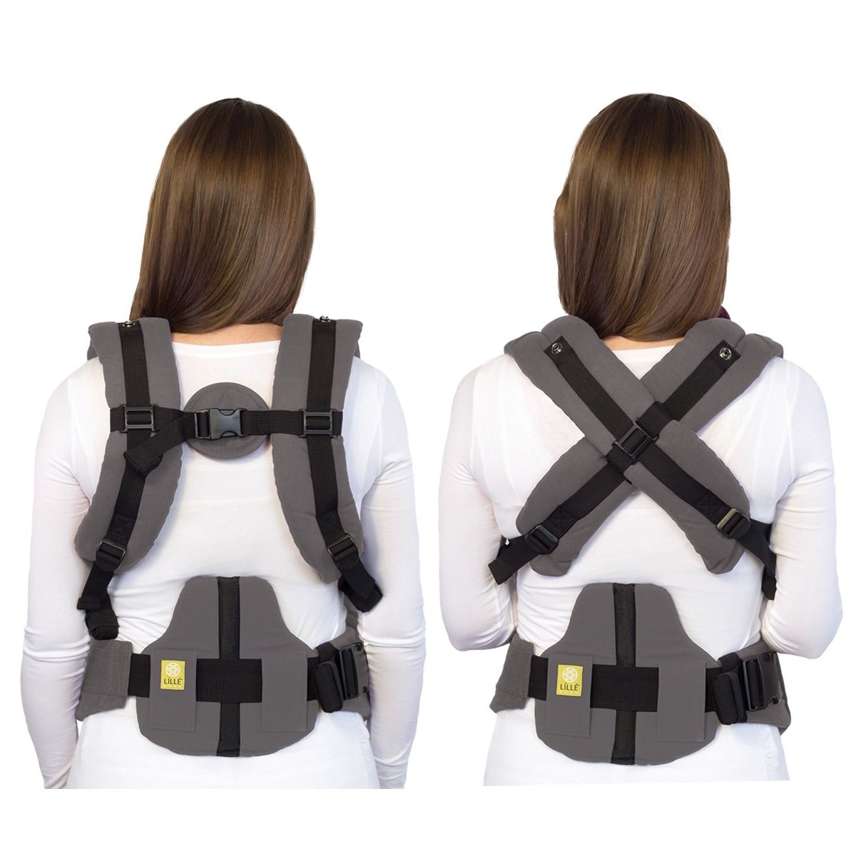 Two views of a person wearing a gray and black back brace on a white background