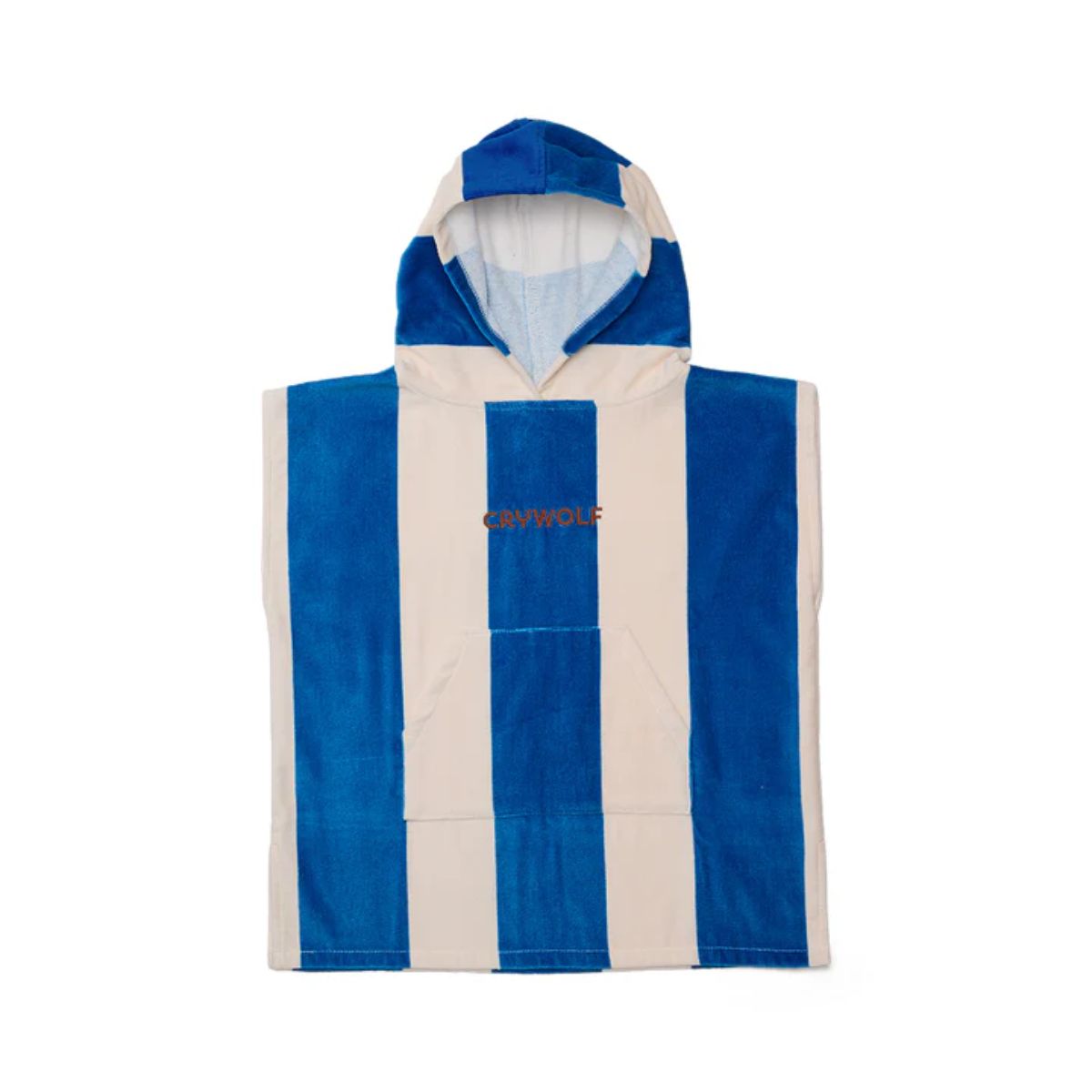 Blue and beige striped poncho with a hood on a white background