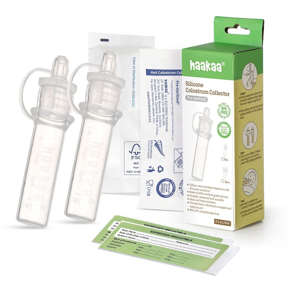 The Haakaa Silicone Colostrum Collectors are a safe, reusable solution for expressing and storing colostrum antenatally and postnatally. 2 Pack, Pre-sterilized.