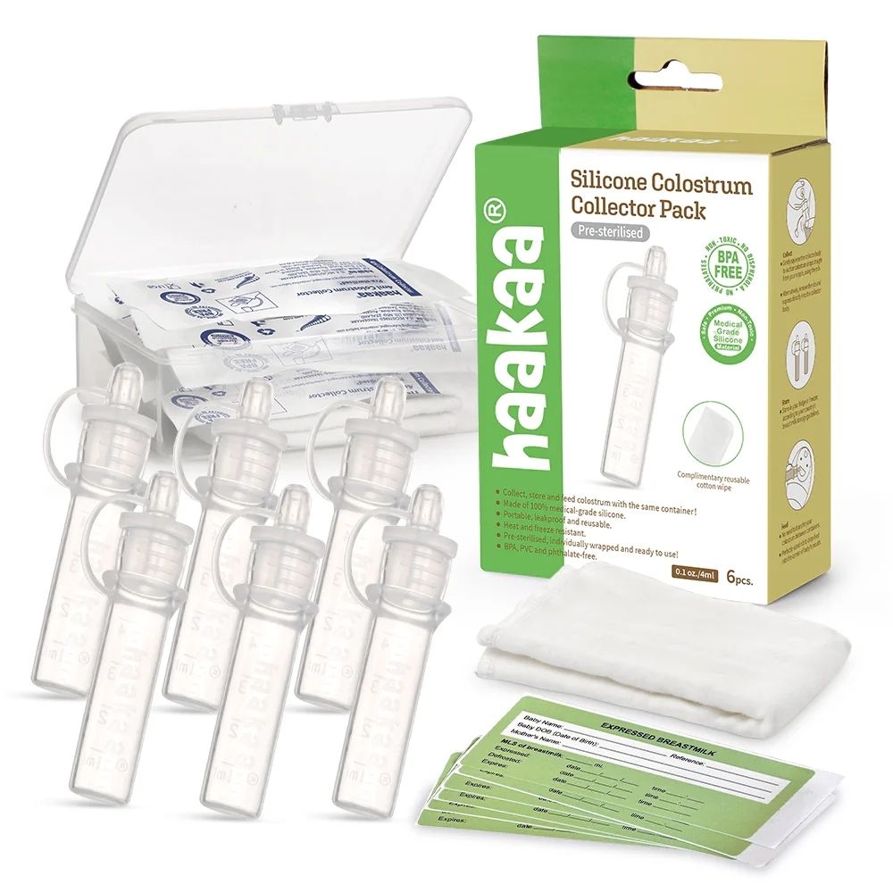 The Haakaa Silicone Colostrum Collectors are a safe, reusable solution for expressing and storing colostrum antenatally and postnatally. 6 Pack, Pre-sterilized.