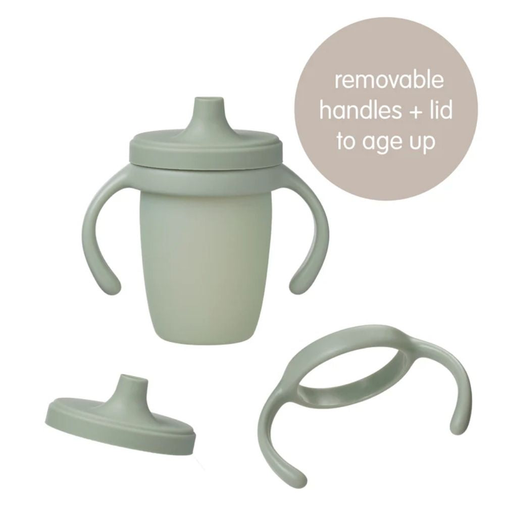 the b.box silicone spout cup has removable handles and lid