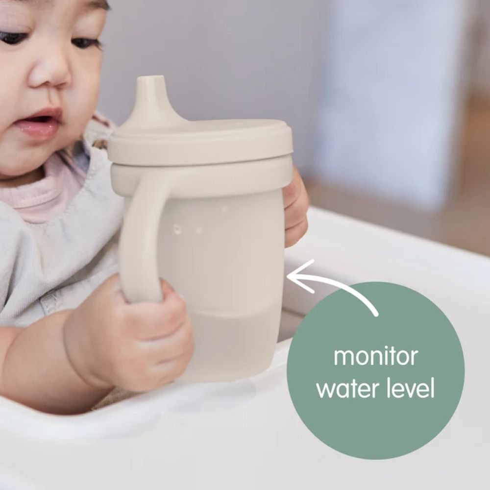 the b.box silicone spout cup allows you to monitor the water level