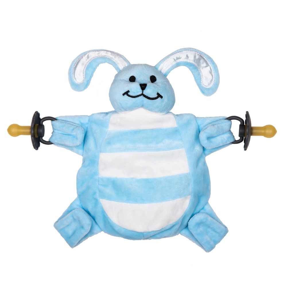 Sleepytot Baby Comforter with 4 velcro paws holds dummies and teethers, helps baby self-soothe, reduces nighttime dummy runs. Blue Bunny design