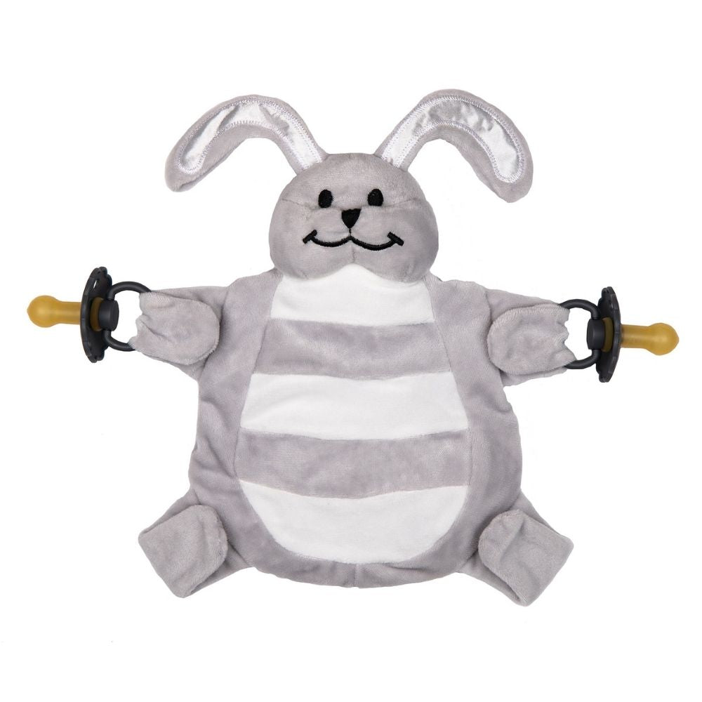 Sleepytot Baby Comforter with 4 velcro paws holds dummies and teethers, helps baby self-soothe, reduces nighttime dummy runs. Grey bunny design