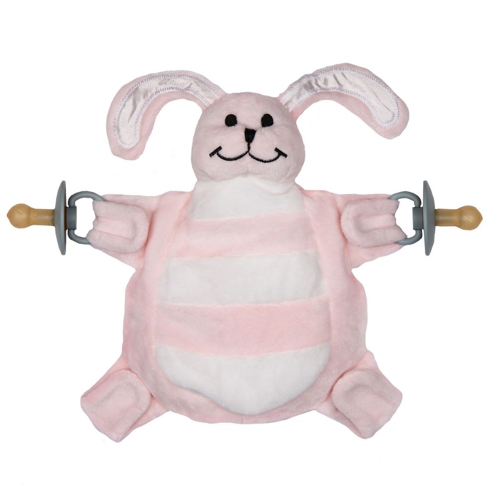 Sleepytot Baby Comforter with 4 velcro paws holds dummies and teethers, helps baby self-soothe, reduces nighttime dummy runs. Pink Bunny design