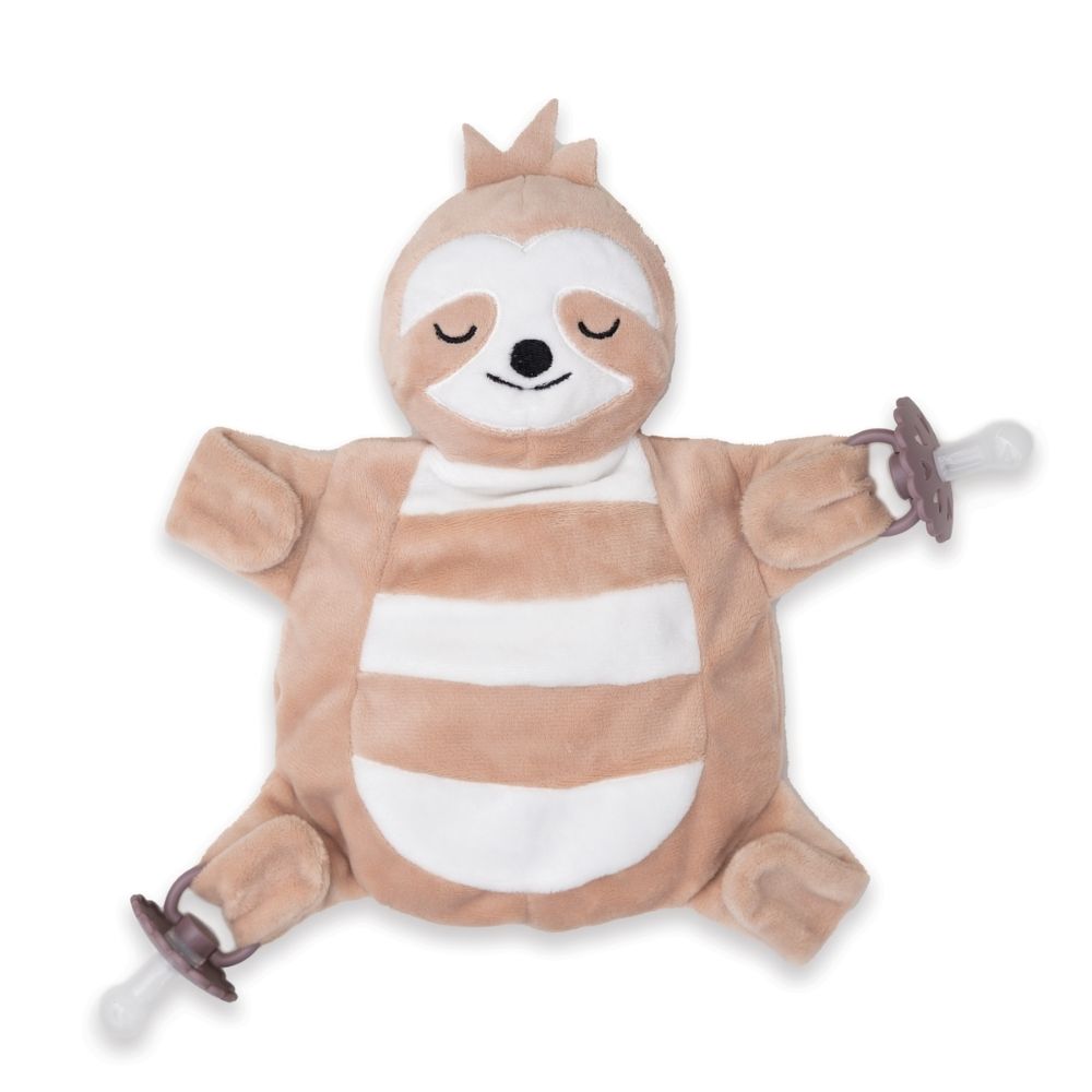 Sleepytot Baby Comforter with4  velcro paws holds dummies and teethers, helps baby self-soothe, reduces nighttime dummy runs. Sloth design, best selling.