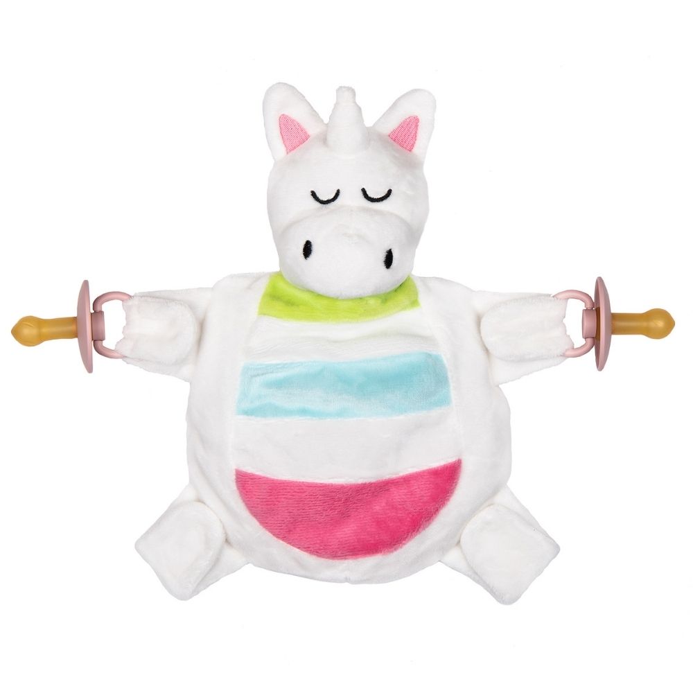 Sleepytot Baby Comforter with 4 velcro paws holds dummies and teethers, helps baby self-soothe, reduces nighttime dummy runs. Unicorn design