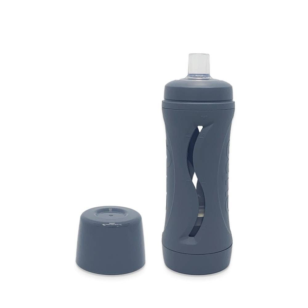 Subo Food Bottle for babies and toddlers, minimizes mess, ideal for purees, smoothies, and soft foods. Reusable and non-squeeze design. Grey colour