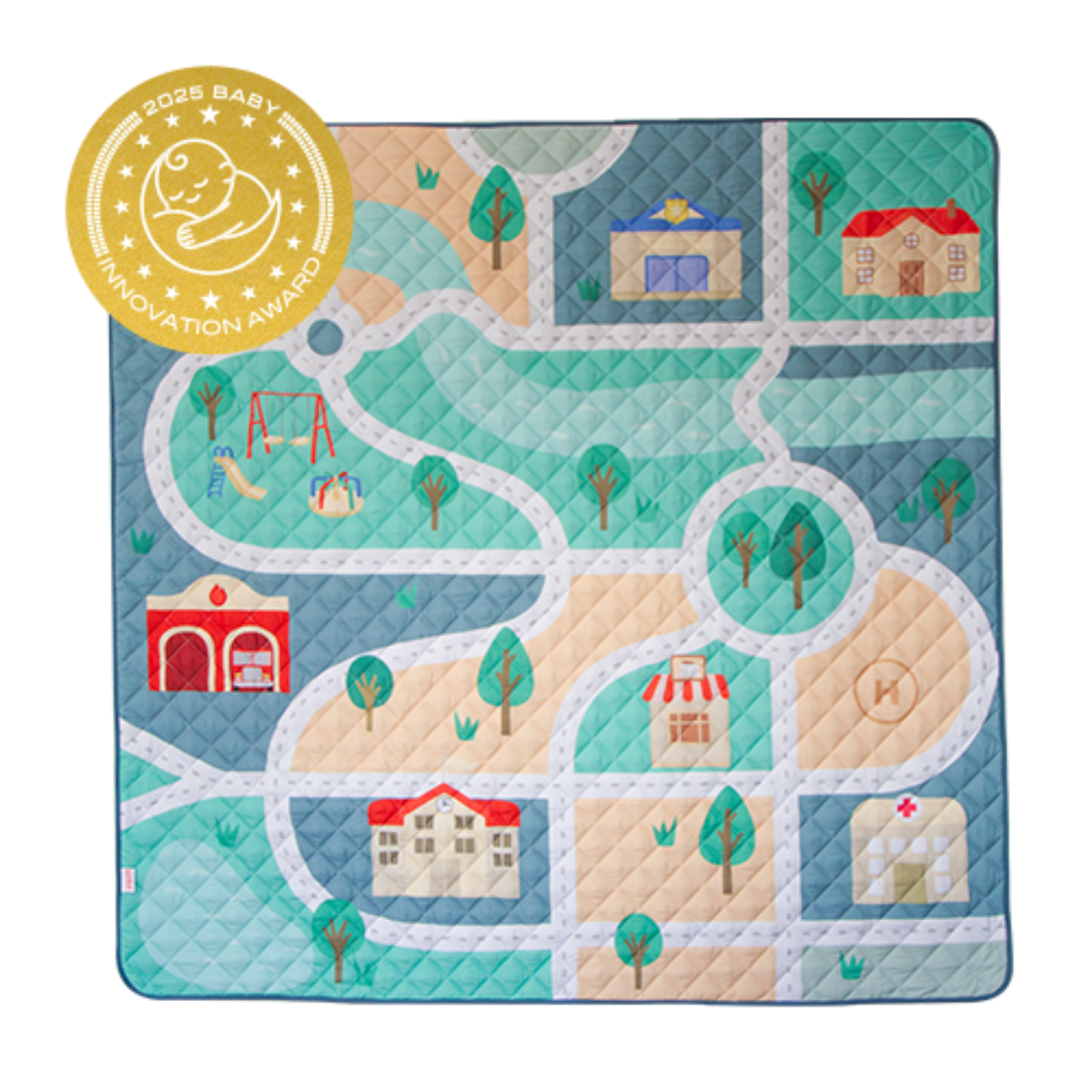 Children&#39;s play mat with road design and houses, featuring a 2025 Baby Innovation Award badge.
